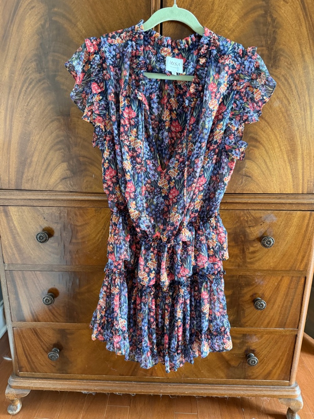 Misa Los Angeles Floral Mini Dress in Navy with Pink & Orange Blossoms
